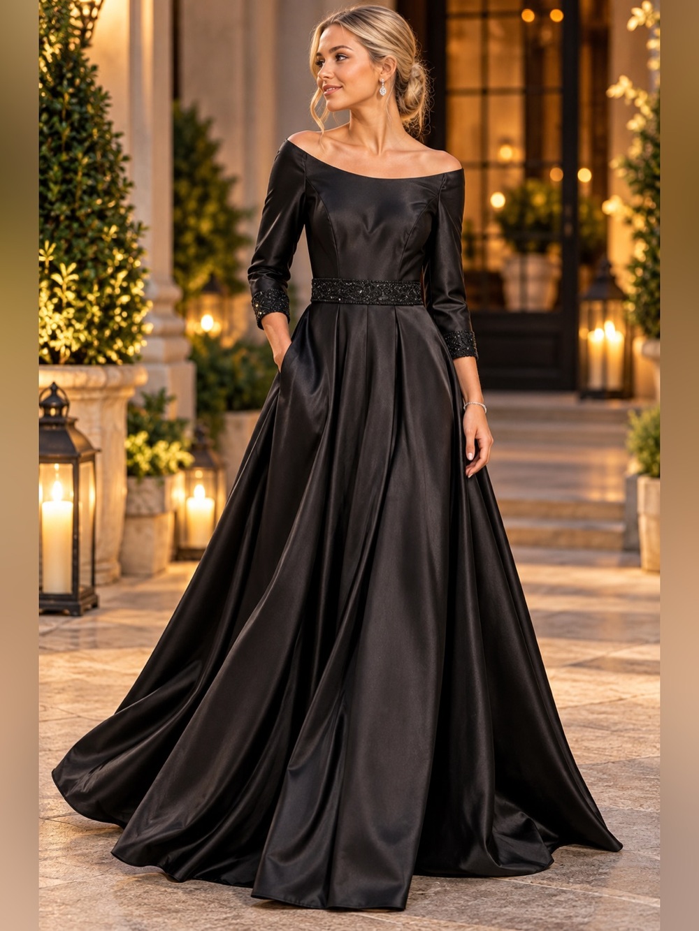 Maggy London NWT Black Satin Off-Shoulder Formal Gown Embellished Waist Size 4
